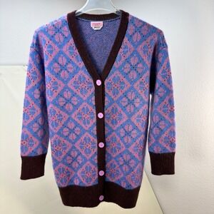 Kate Spade Cardigan Women XXS Purple Pink Geometric Argyle V-Neck Sweater